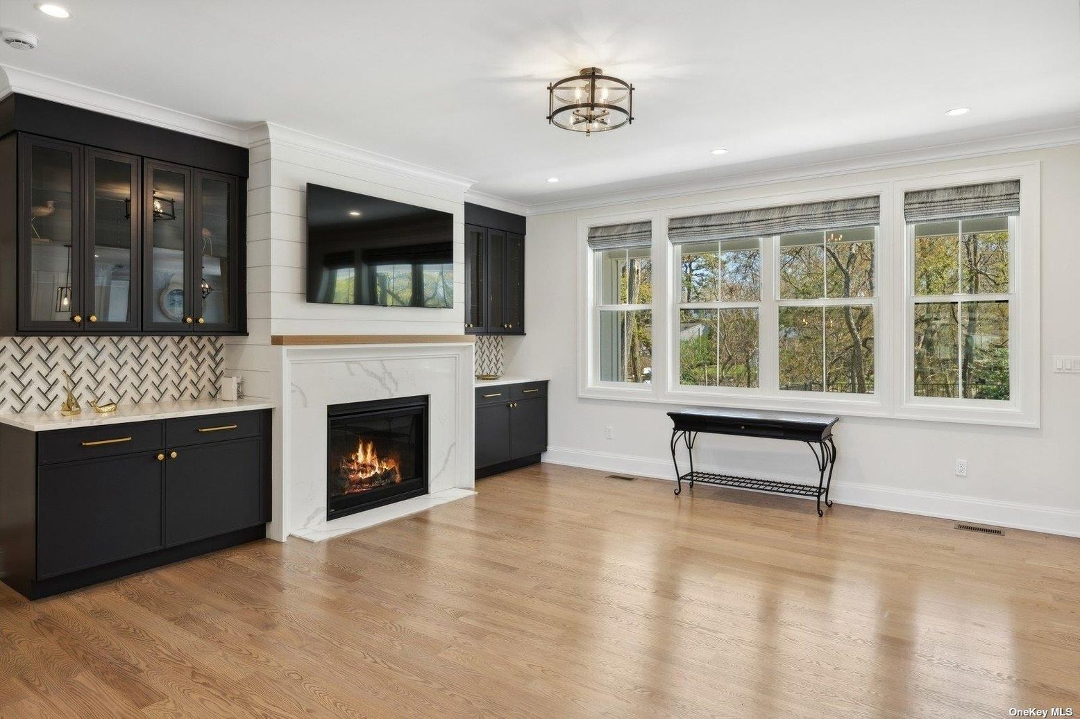 Empty room, Fireplace, Interior, Recessed Lighting, Wood Texture Flooring