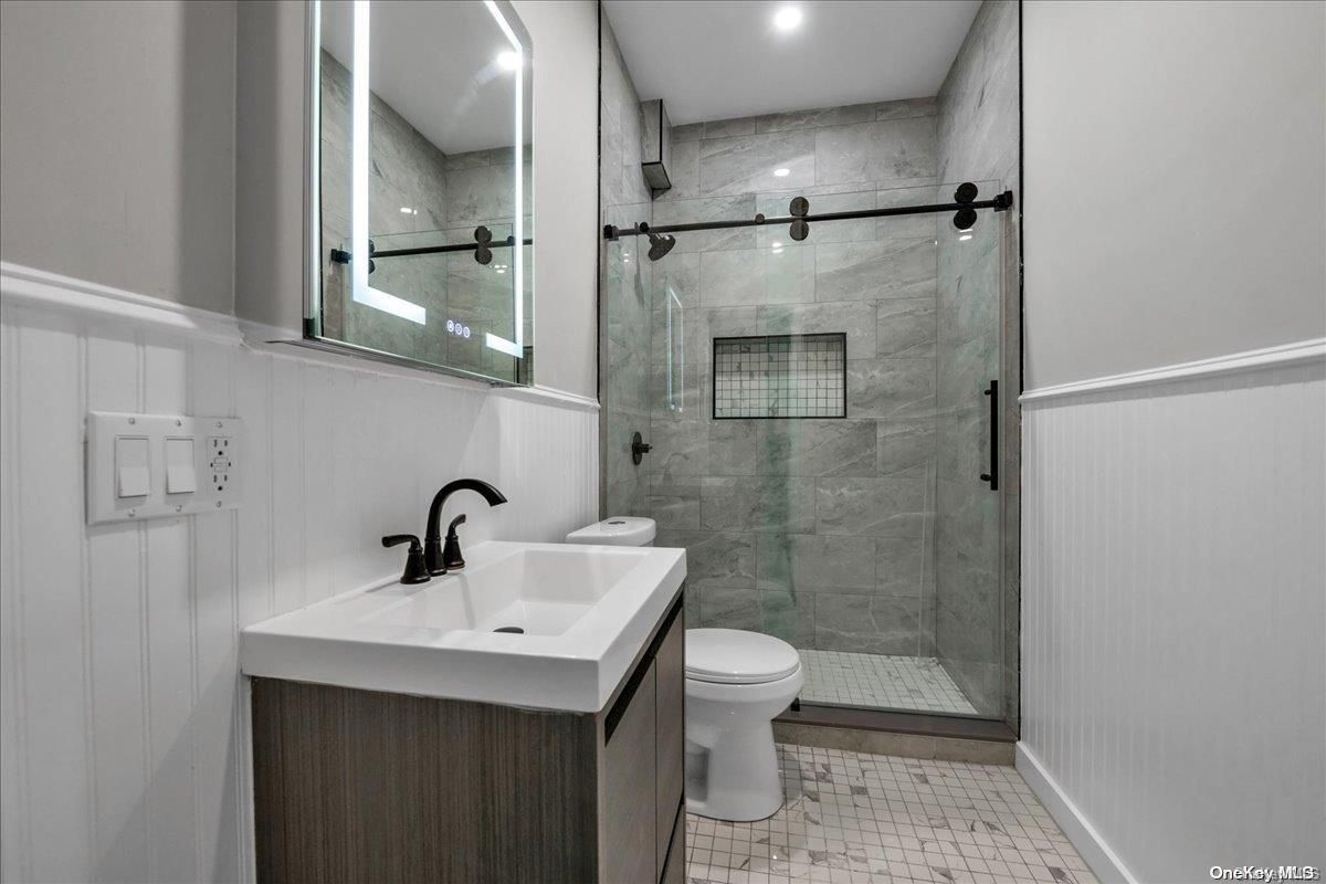 Bathroom, Glass Shower, Interior, Marble Walls, Recessed Lighting