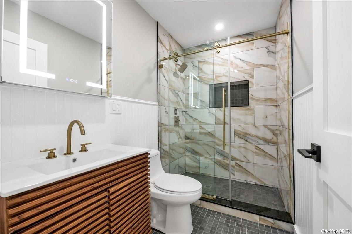 Bathroom, Glass Shower, Interior, Marble Walls, Recessed Lighting