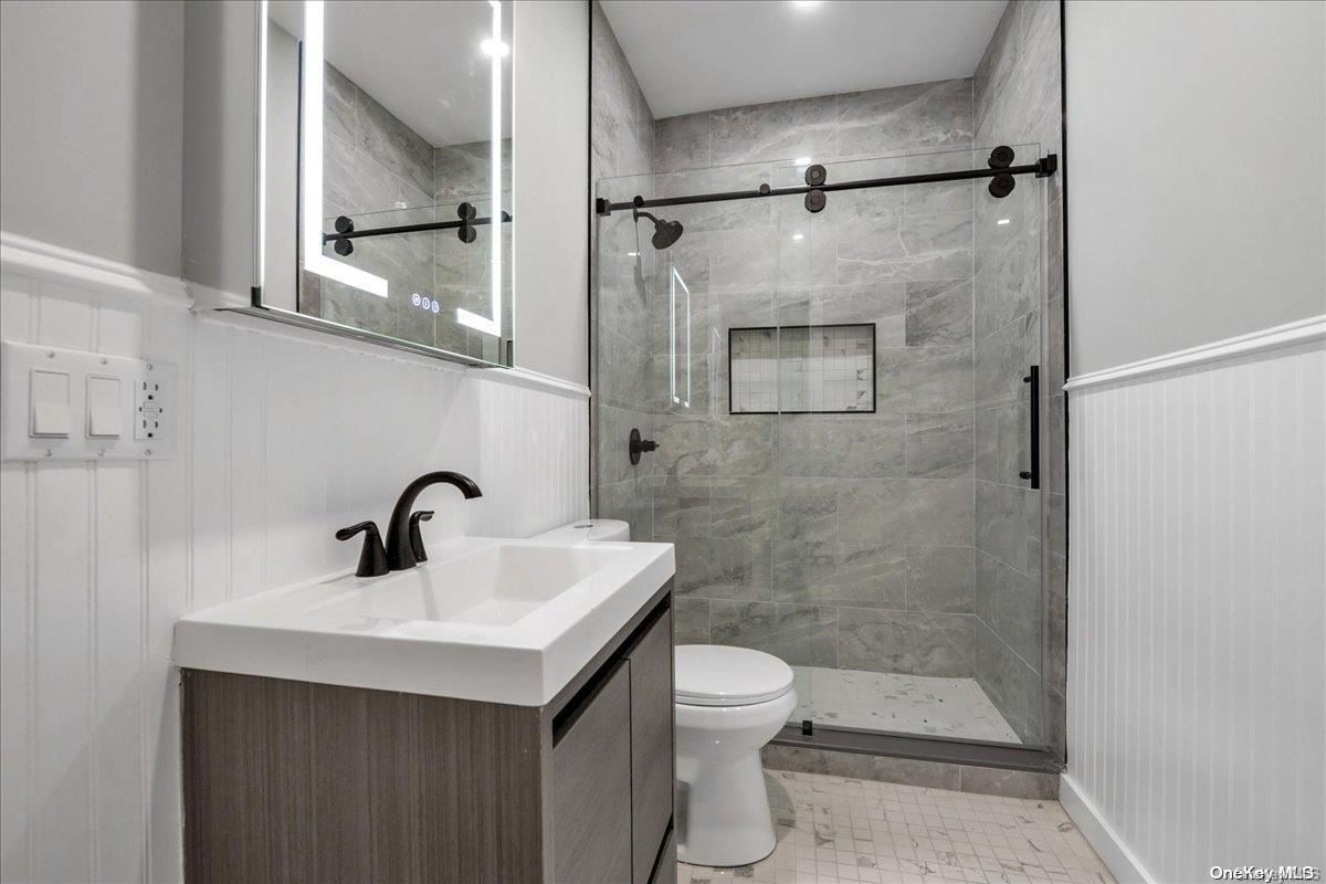 Bathroom, Glass Shower, Interior, Marble Walls, Recessed Lighting