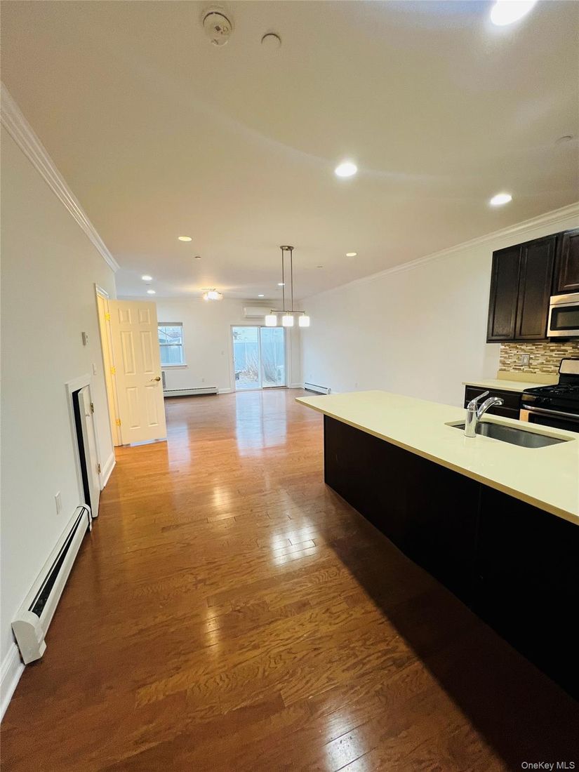 Empty room, Interior, Kitchen, Pendant Lights, Recessed Lighting, Wood Texture Flooring