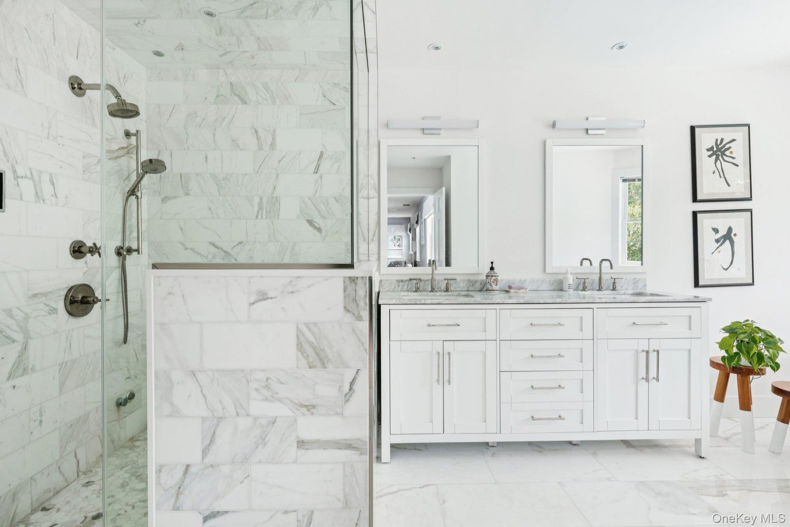 Bathroom, Dual Sink Vanities, Glass Shower, Interior, Marble, Marble Walls, Recessed Lighting