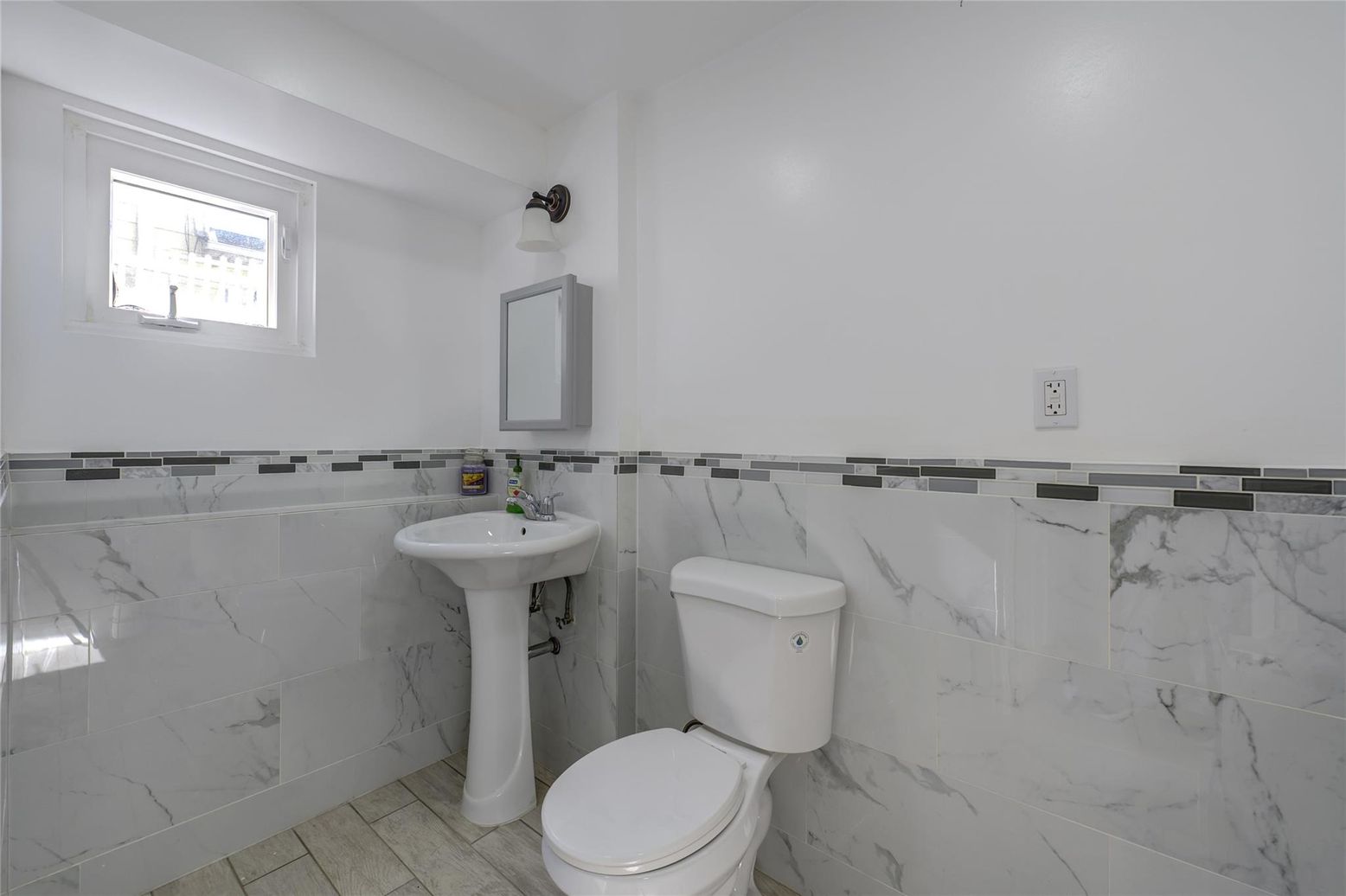 Bathroom, Interior, Marble Walls, Wood Texture Flooring