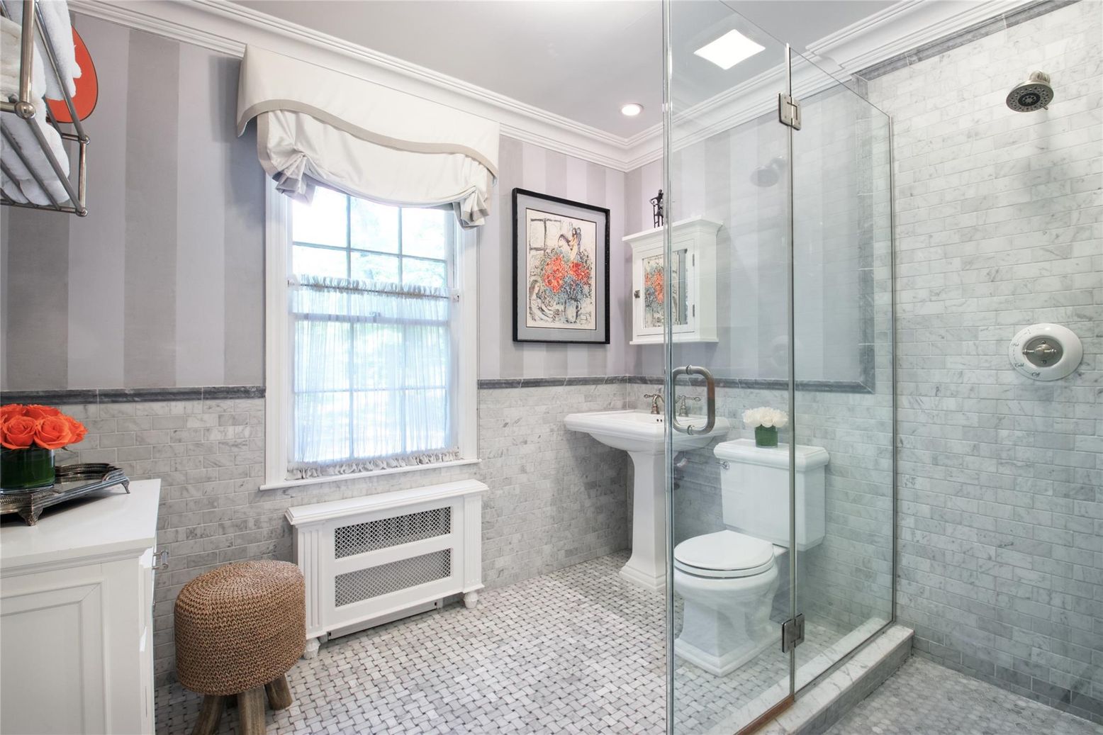 Bathroom, Glass Shower, Interior, Recessed Lighting, Stone Walls