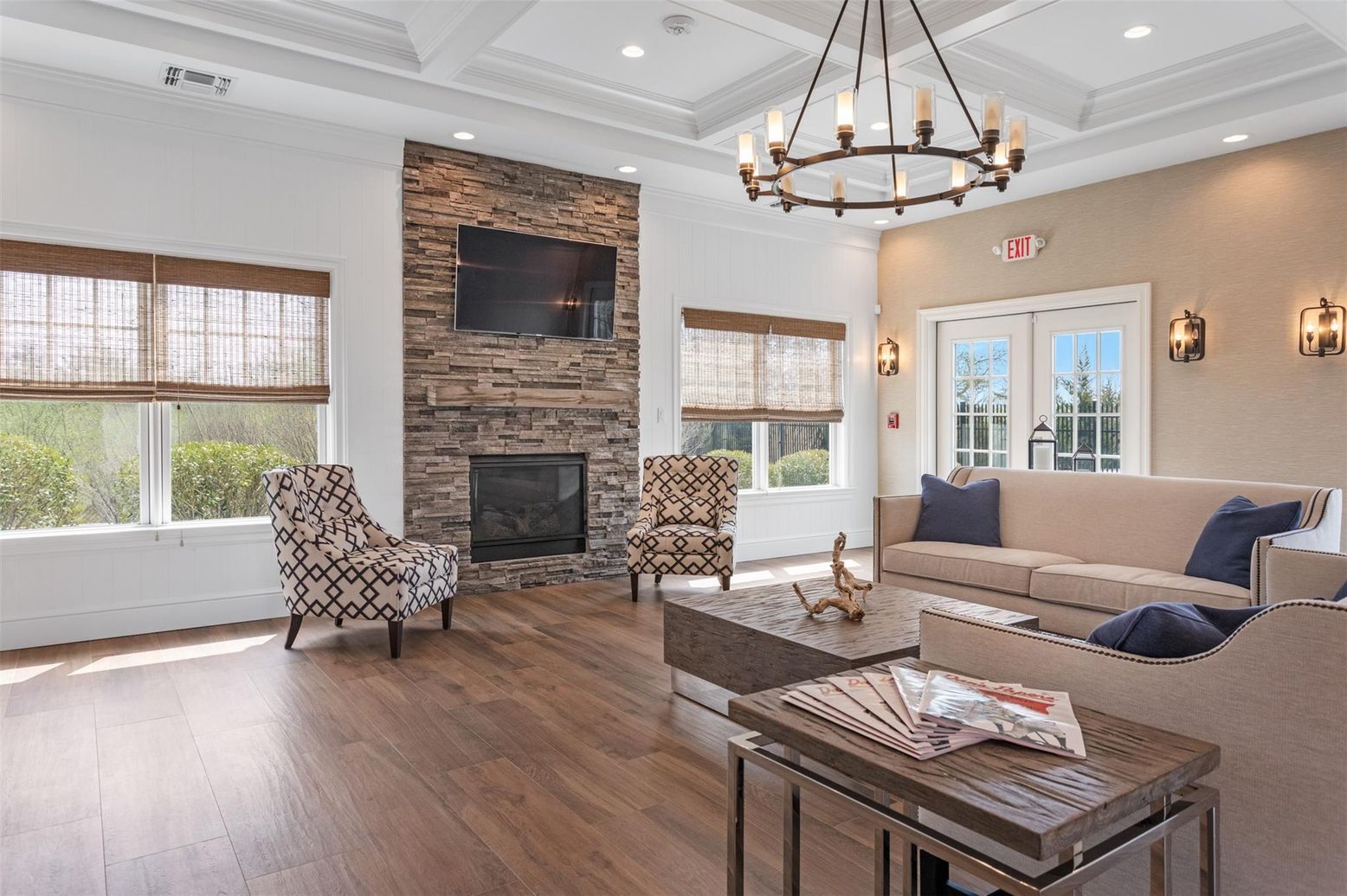 Chandelier, Fireplace, Interior, Living room, Recessed Lighting, Wood Texture Flooring