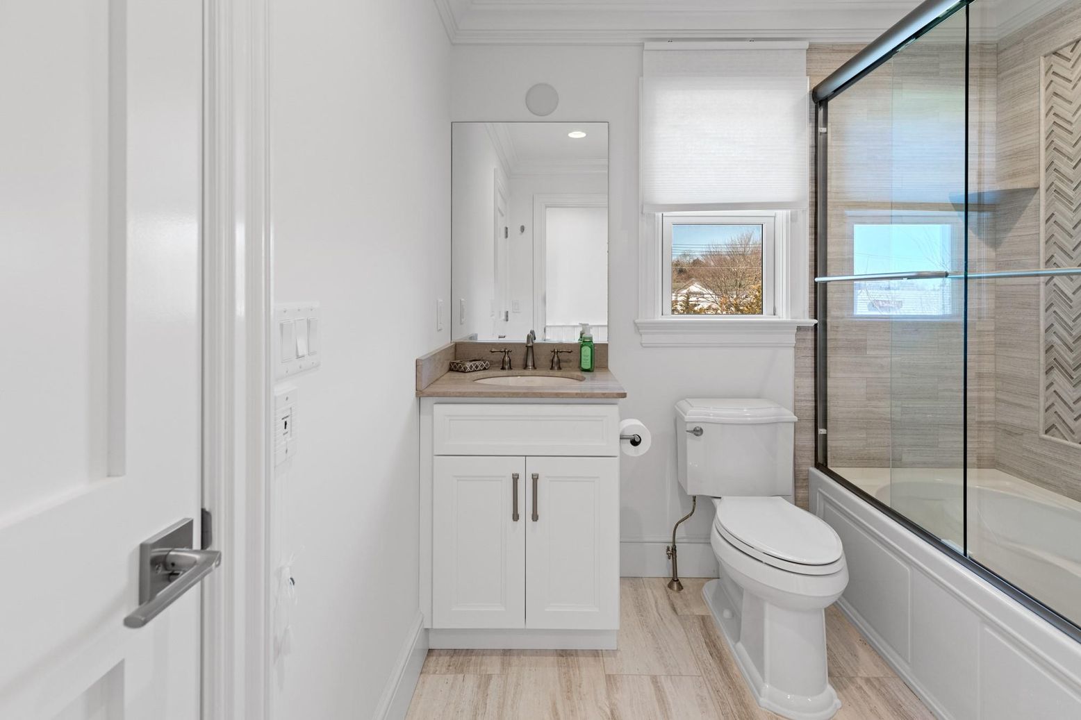 Bathroom, Glass Shower, Interior, Recessed Lighting, Wood Texture Flooring