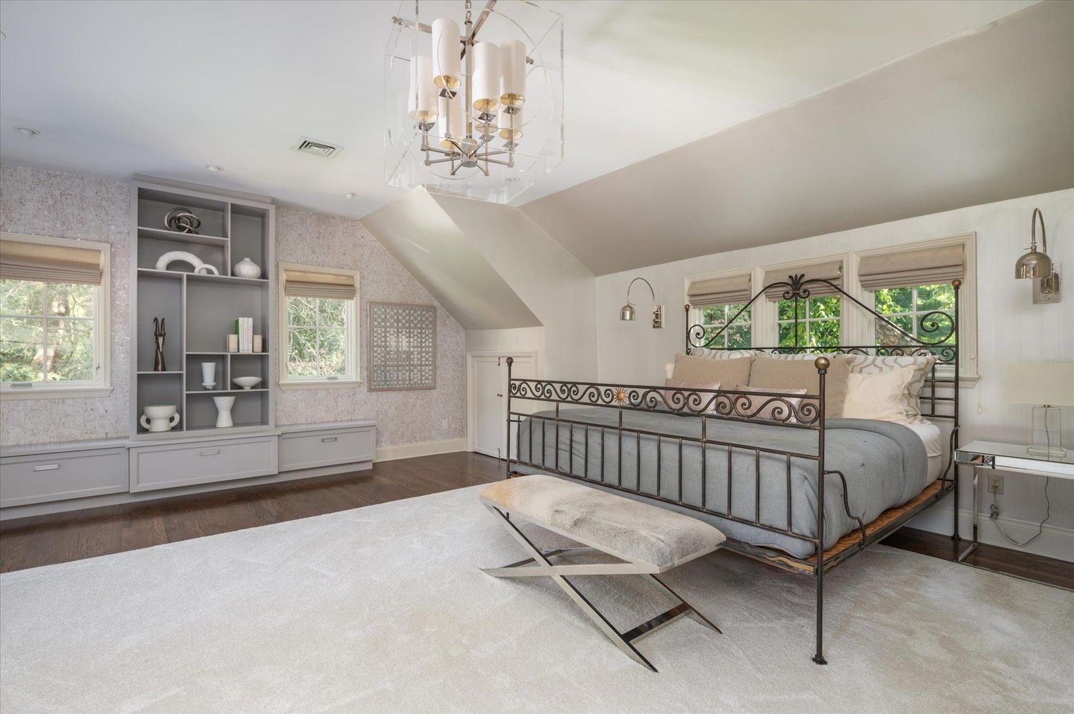 Bedroom, Chandelier, Interior, Wood Texture Flooring