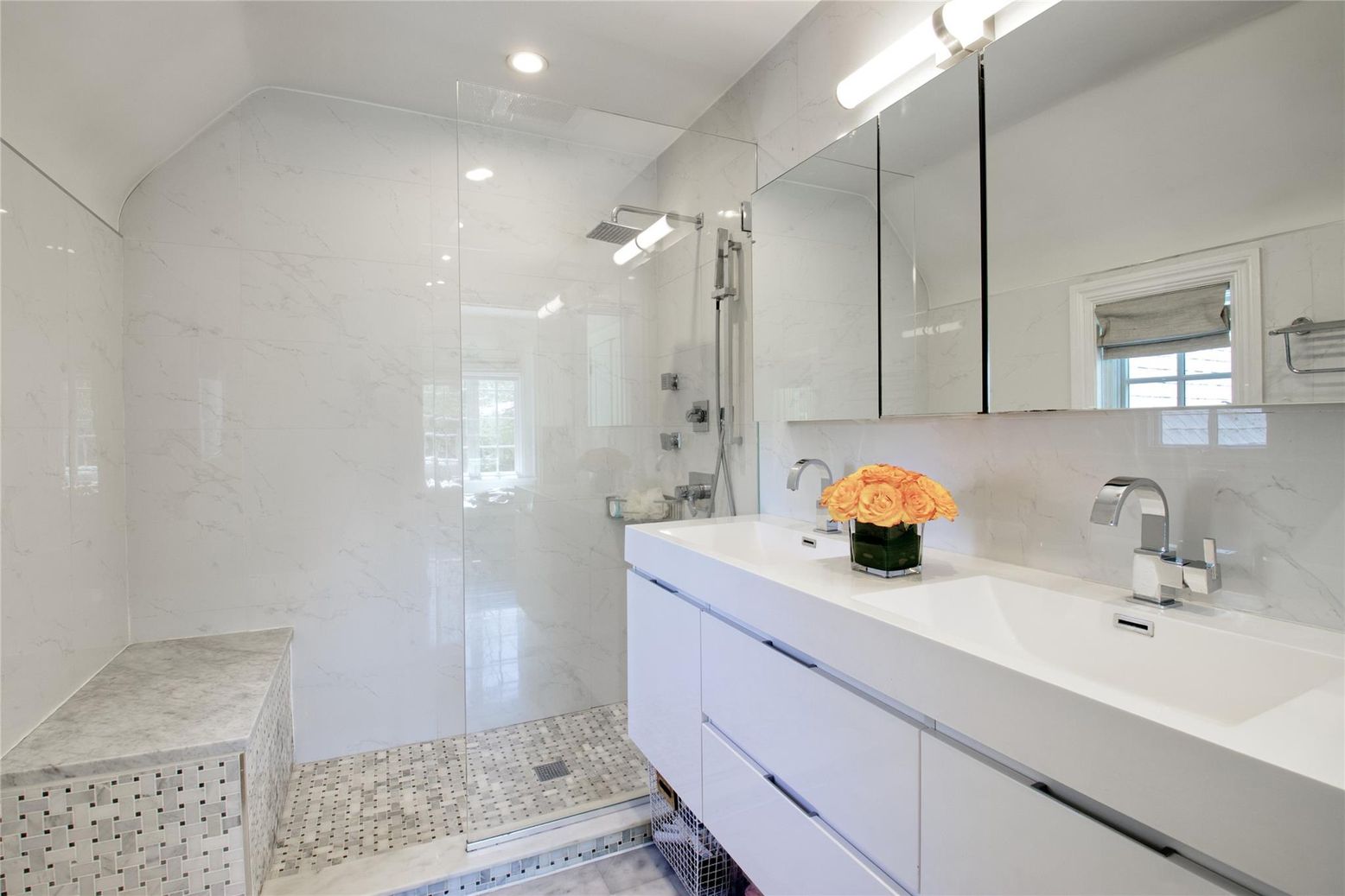 Bathroom, Dual Sink Vanities, Glass Shower, Interior, Marble Walls, Recessed Lighting