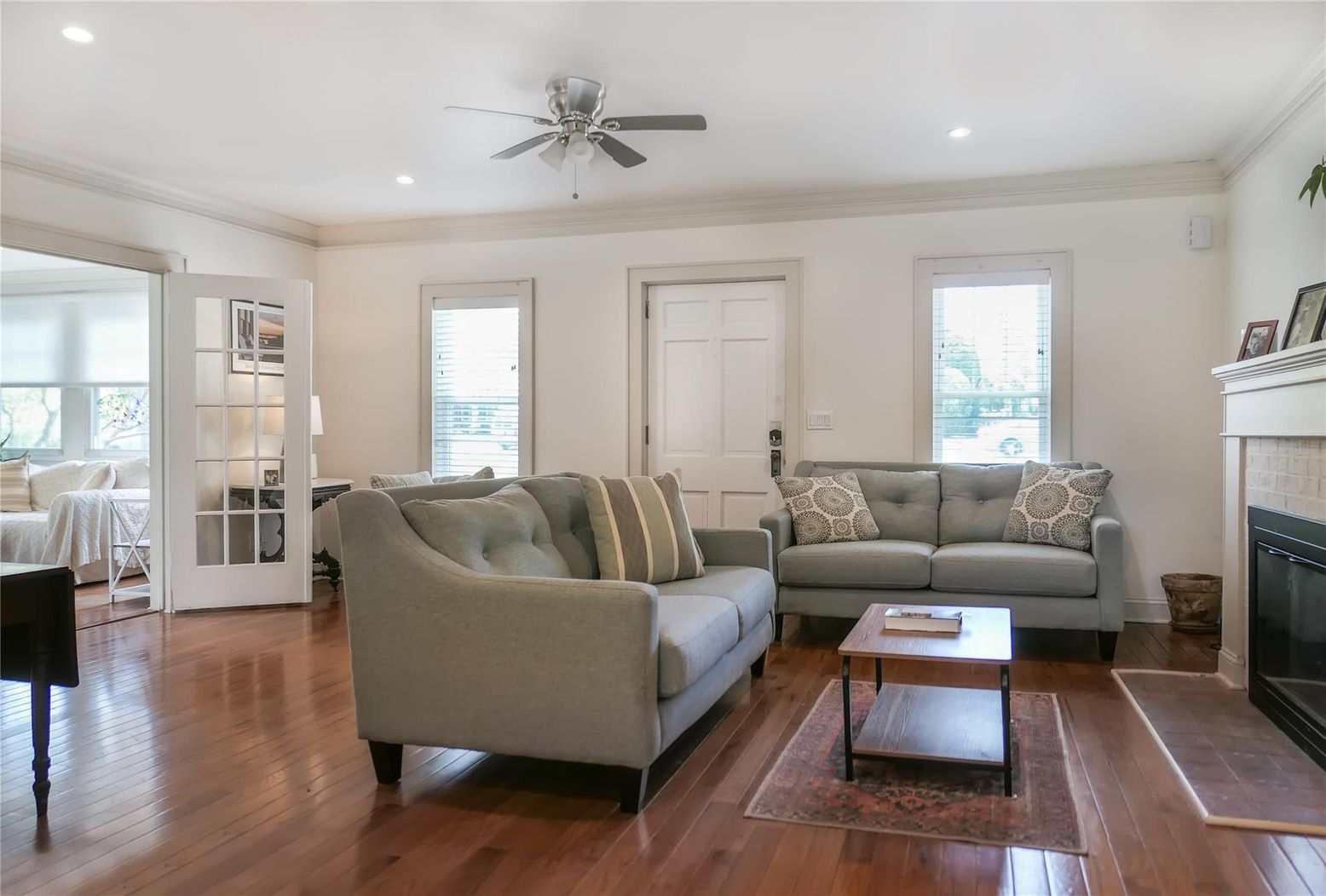 Fireplace, Interior, Living room, Recessed Lighting, Wood Texture Flooring