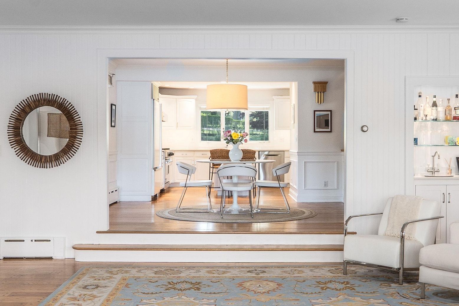 Dining room, Interior, Pendant Lights, Wood Texture Flooring