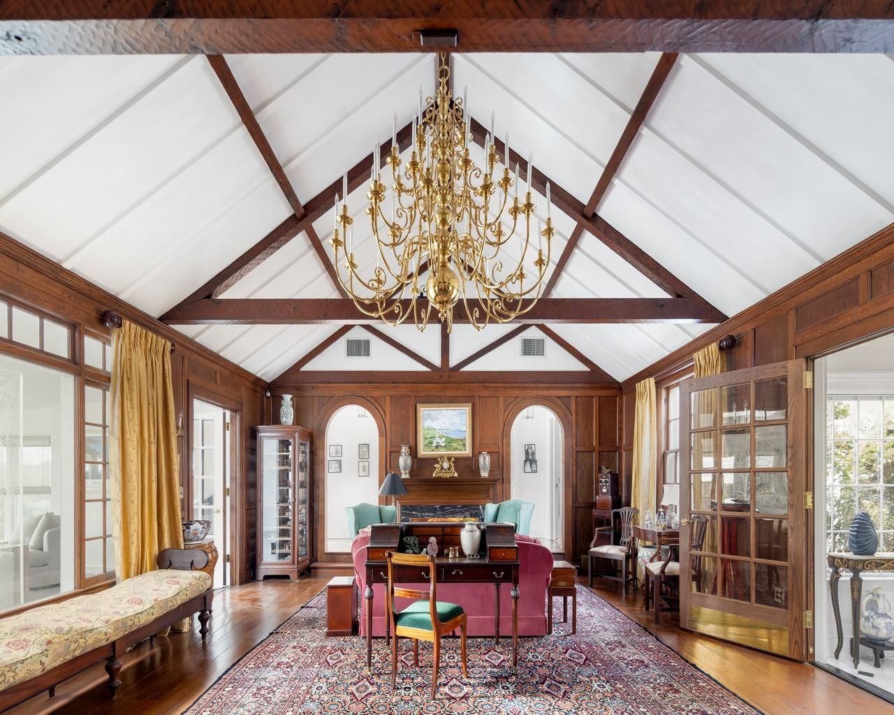 Chandelier, Interior, Living room, Wooden Beams, Wood Texture Flooring