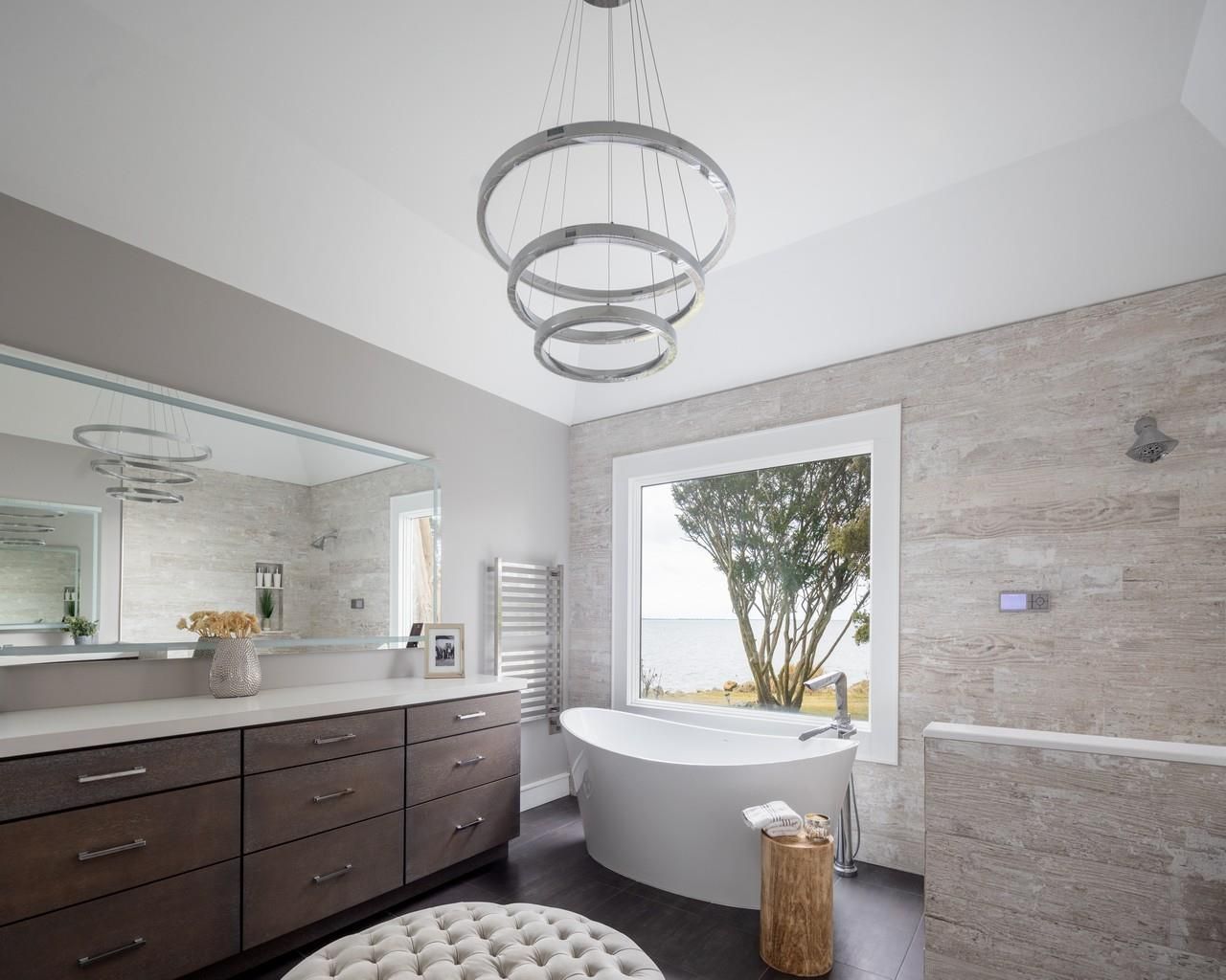 Bathroom, Dual Sink Vanities, Free Standing Baths, Interior, Pendant Lights, Wood Texture Flooring