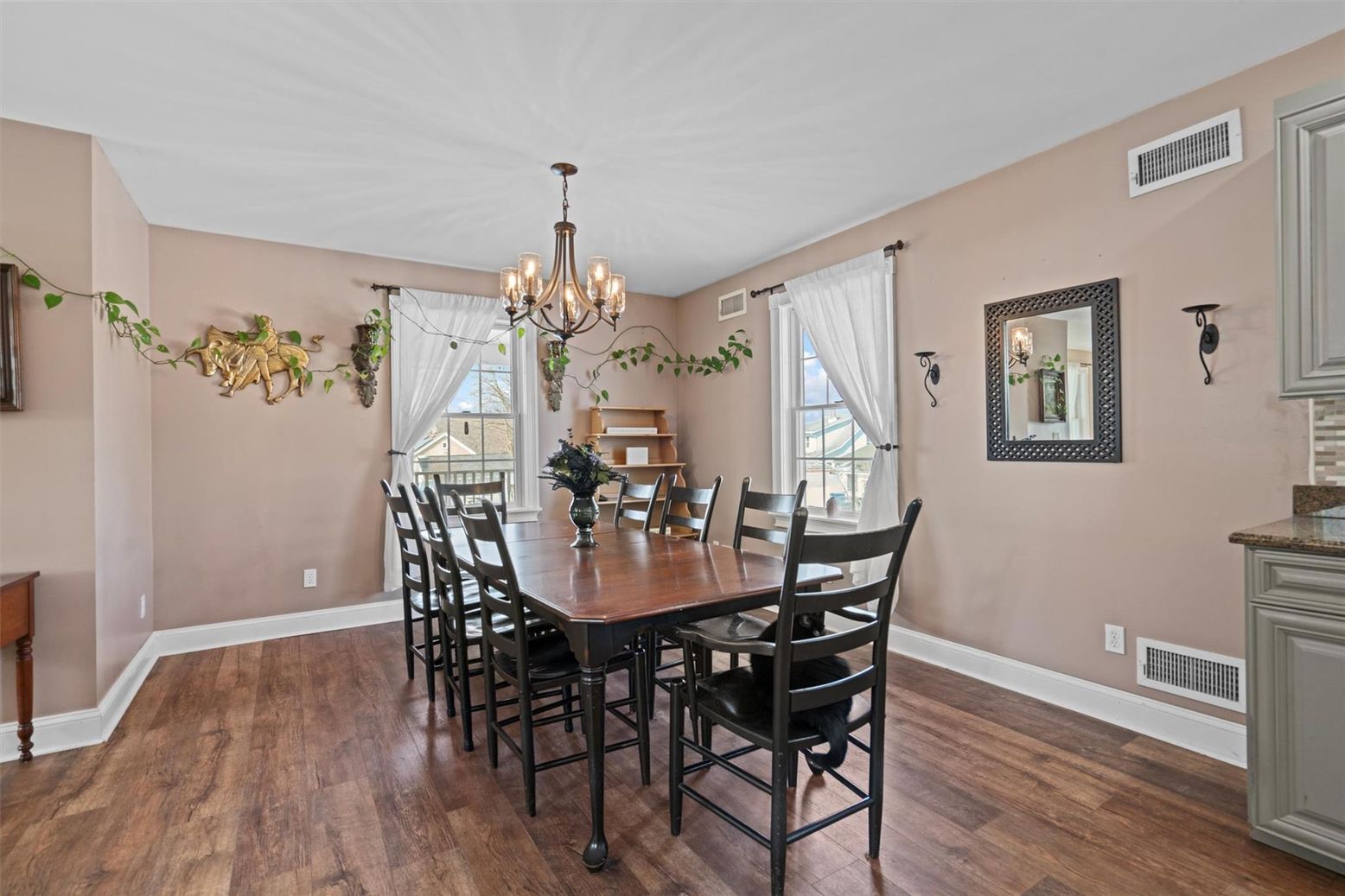 Chandelier, Dining room, Interior, Wood Texture Flooring