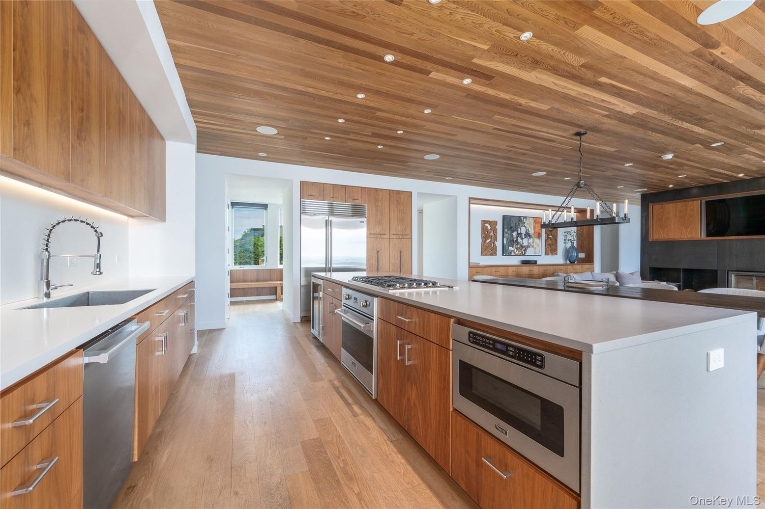 Interior, Kitchen, Pendant Lights, Recessed Lighting, Stainless Steel Appliances, Wooden Ceilings, Wood Texture Flooring