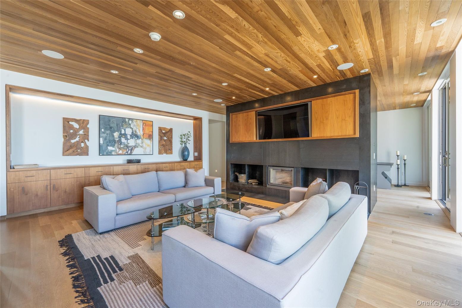 Fireplace, Interior, Living room, Recessed Lighting, Wooden Ceilings, Wood Texture Flooring