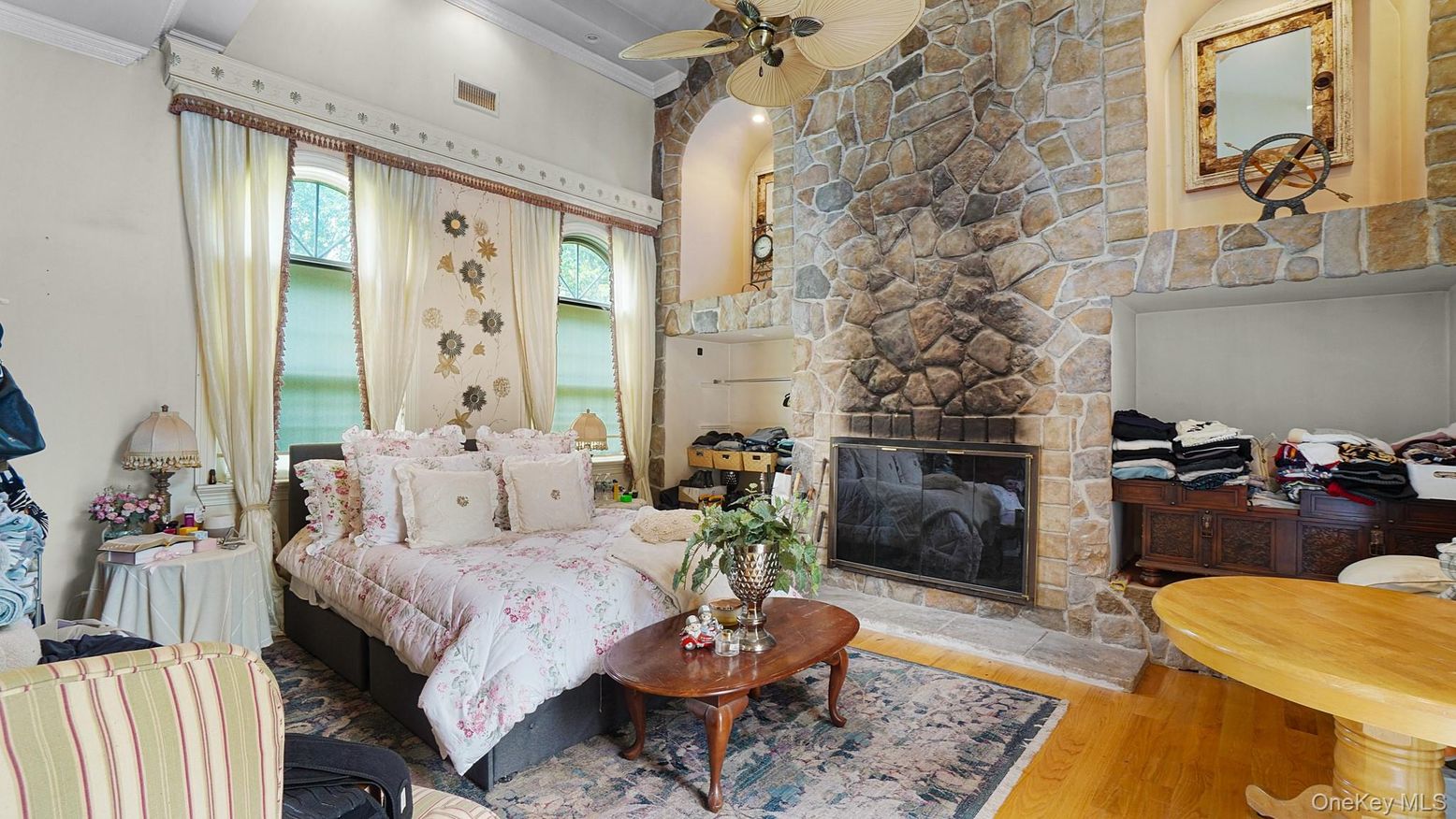 Bedroom, Fireplace, Interior, Stone Walls, Wood Texture Flooring