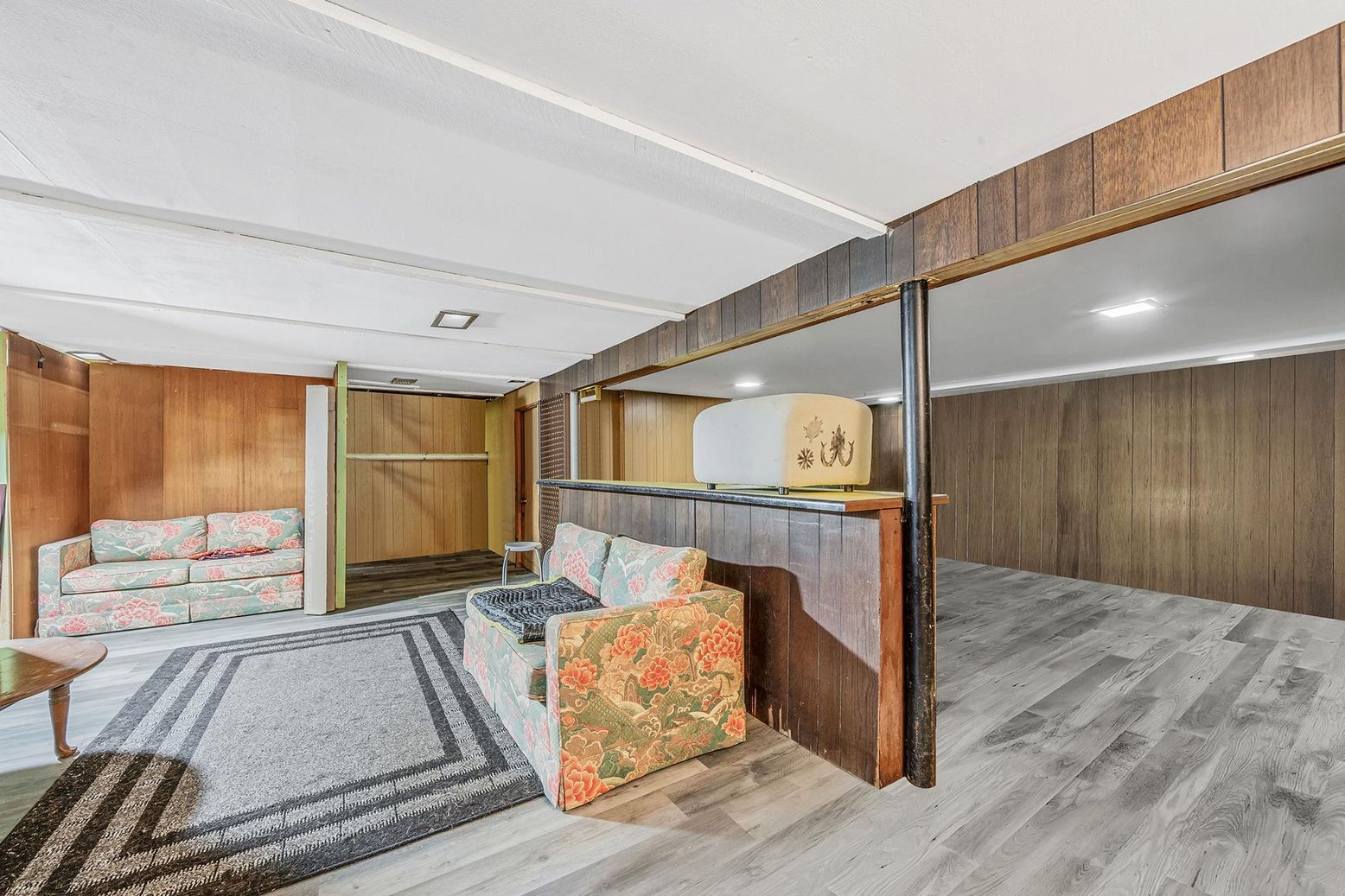 Interior, Recessed Lighting, Wood Texture Flooring, Wooden Walls