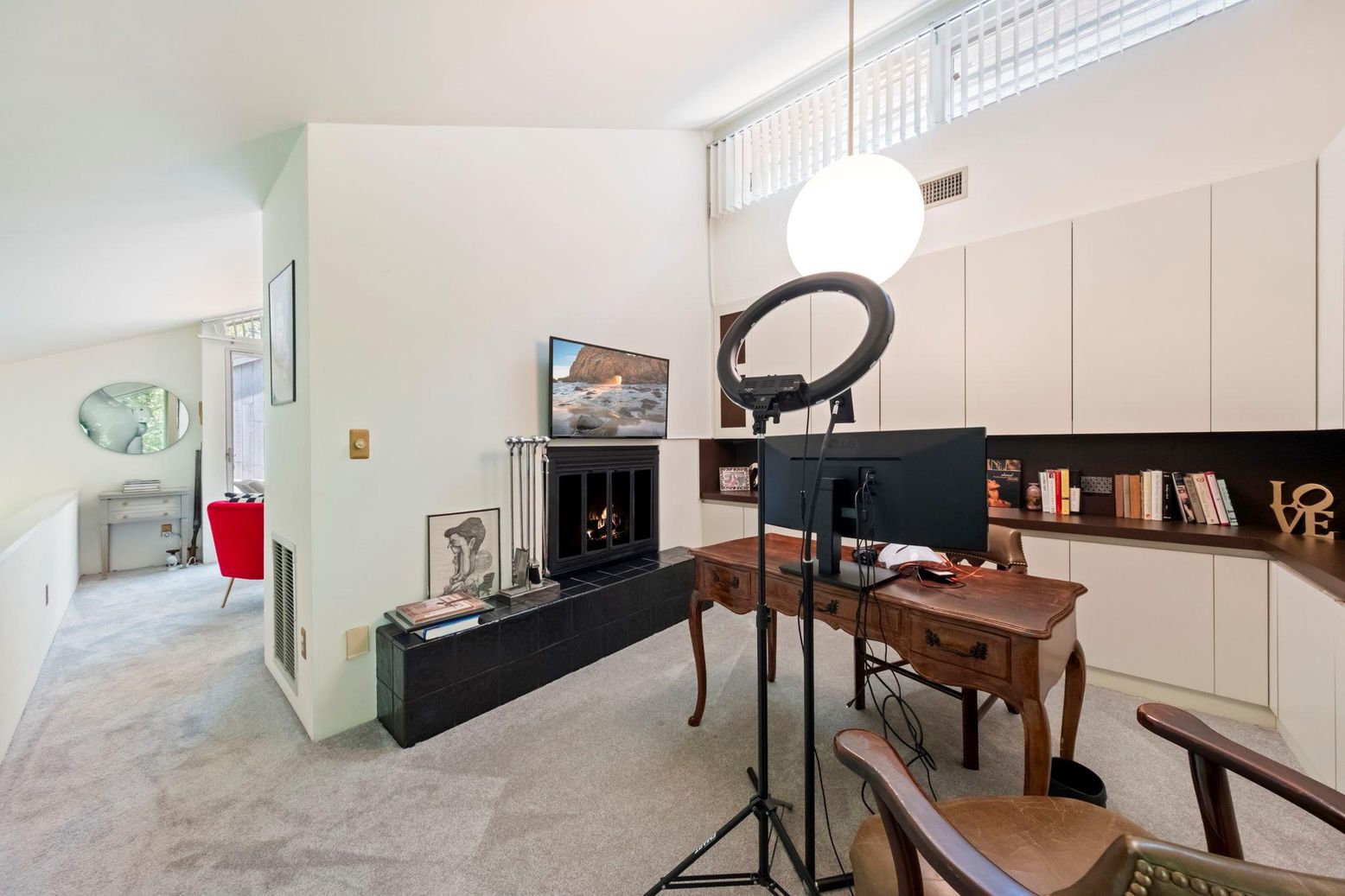 Fireplace, Home Office, Interior, Pendant Lights