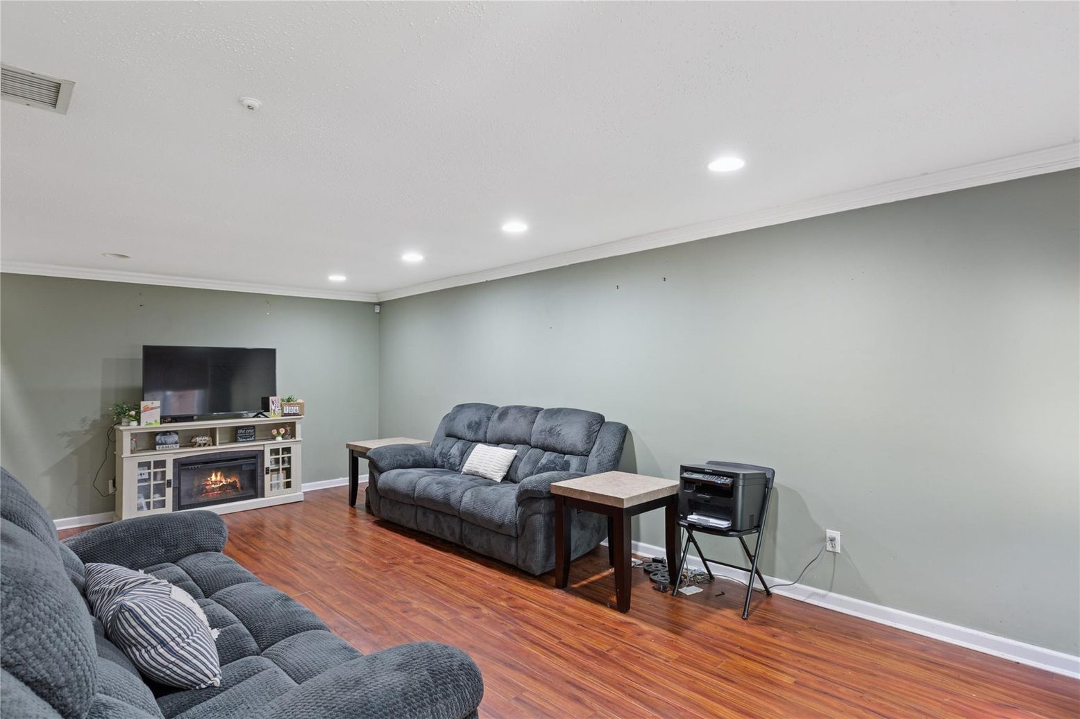 Fireplace, Interior, Living room, Recessed Lighting, Wood Texture Flooring