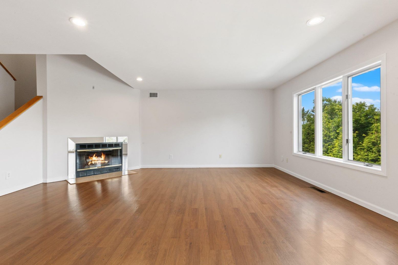 Empty room, Fireplace, Interior, Recessed Lighting, Wood Texture Flooring