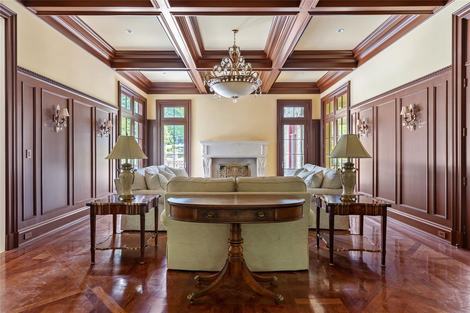 Chandelier, Fireplace, Interior, Living room, Recessed Lighting, Wooden Beams, Wood Texture Flooring