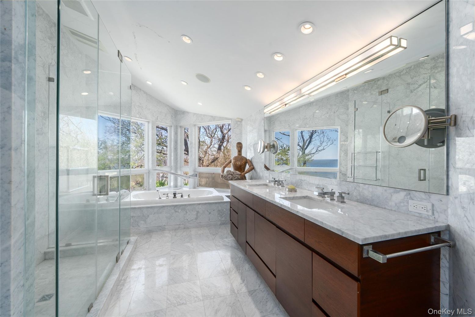 Bathroom, Dual Sink Vanities, Glass Shower, Interior, Marble, Marble Walls, Recessed Lighting