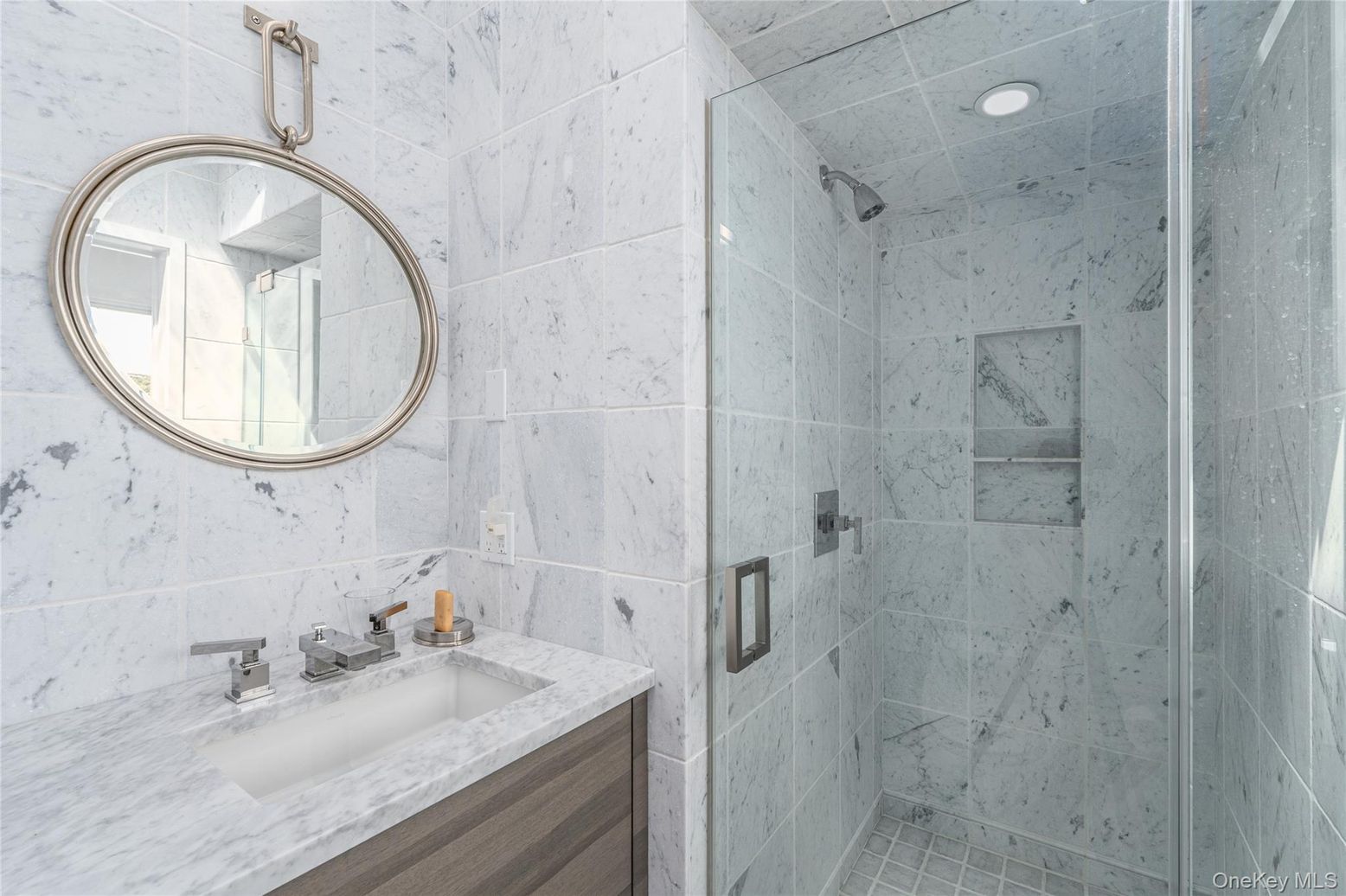 Bathroom, Glass Shower, Interior, Marble Walls, Recessed Lighting