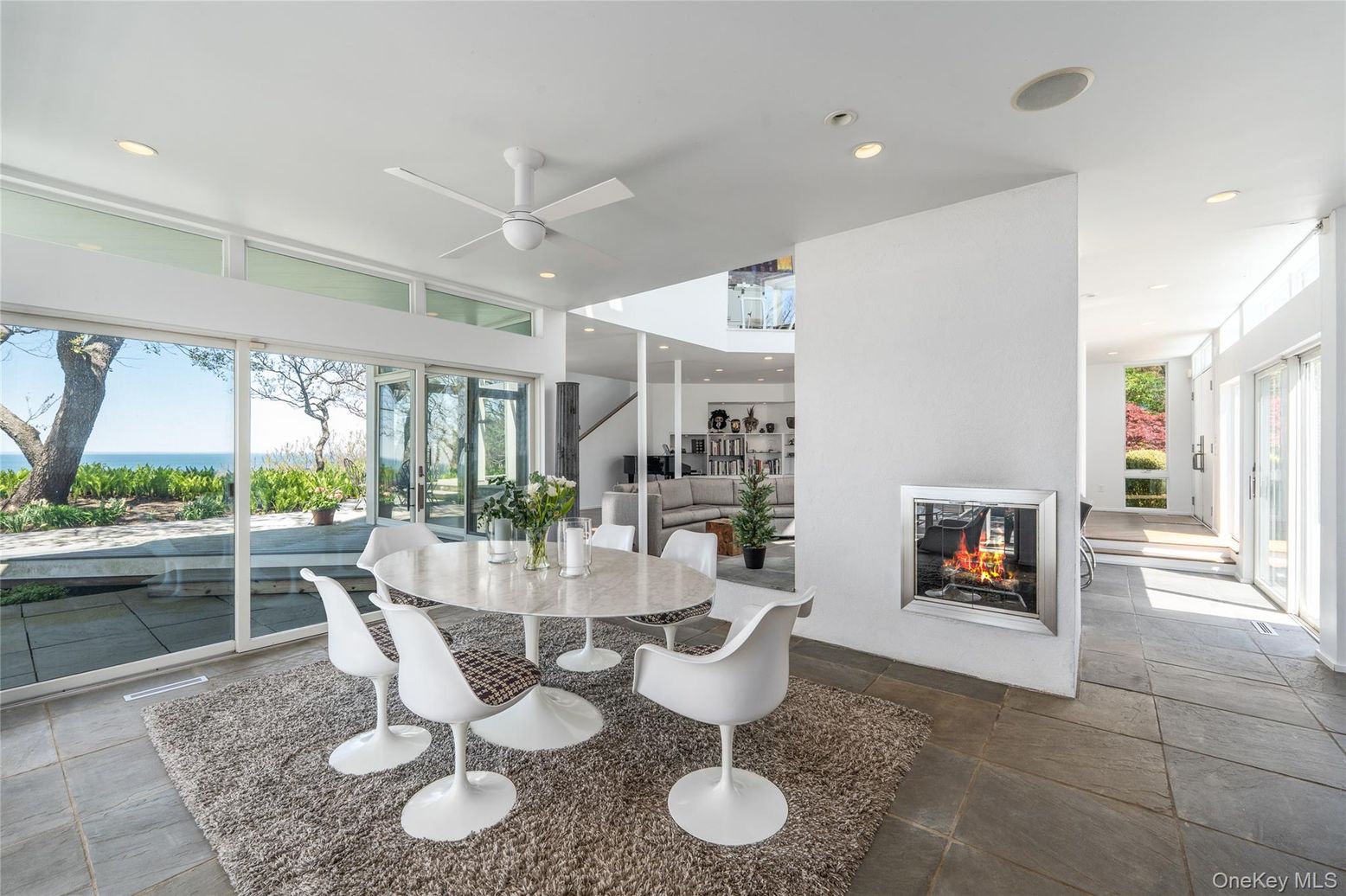 Dining room, Fireplace, Interior, Living room, Recessed Lighting, Water