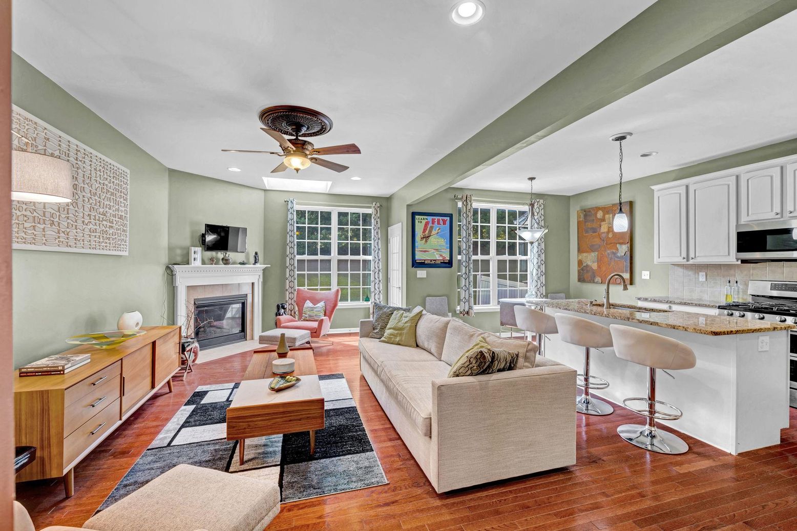 Dining room, Fireplace, Interior, Kitchen, Living room, Pendant Lights, Recessed Lighting, Wood Texture Flooring