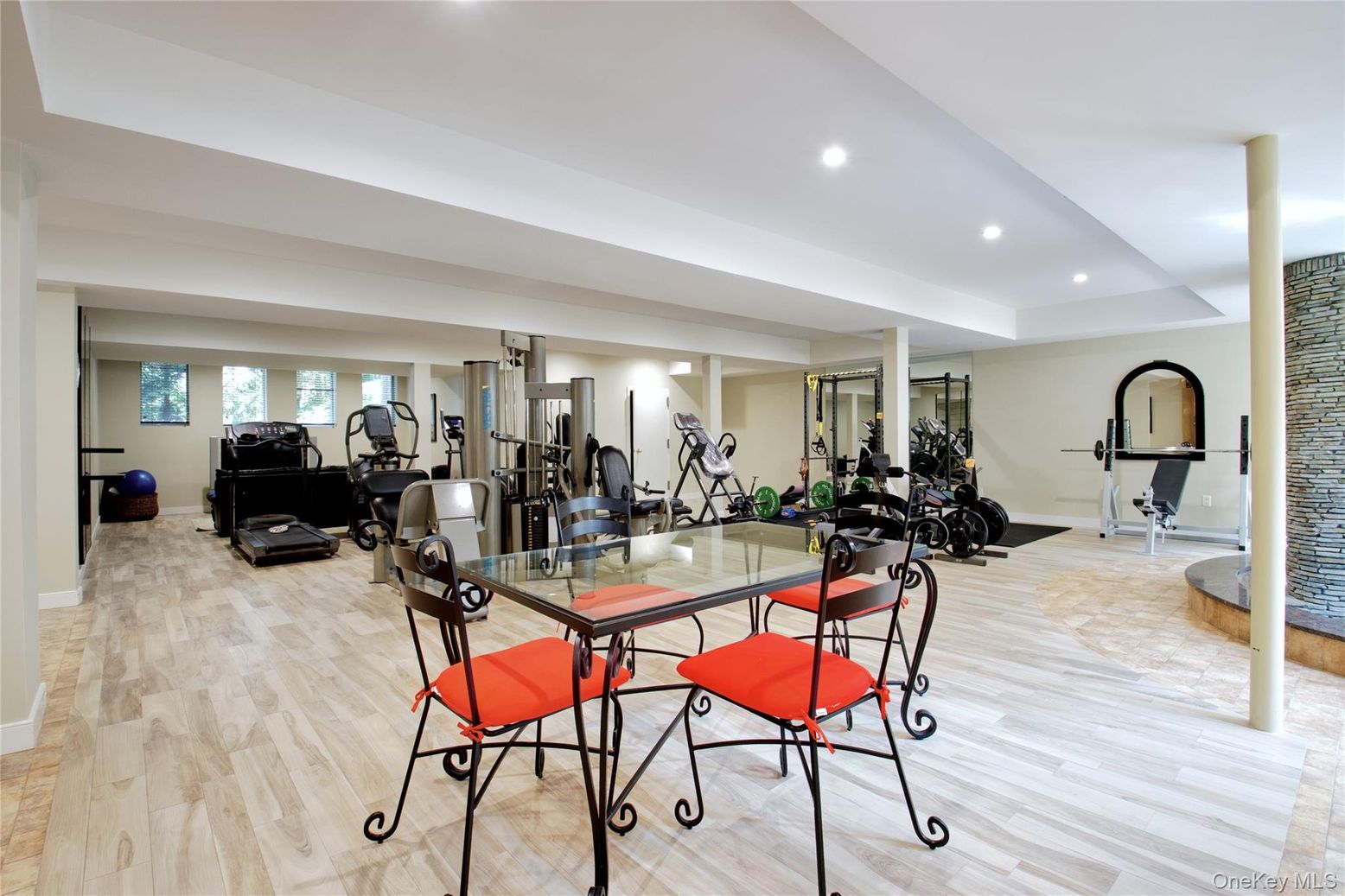 Fitness Equipment, Gym, Interior, Recessed Lighting, Wood Texture Flooring