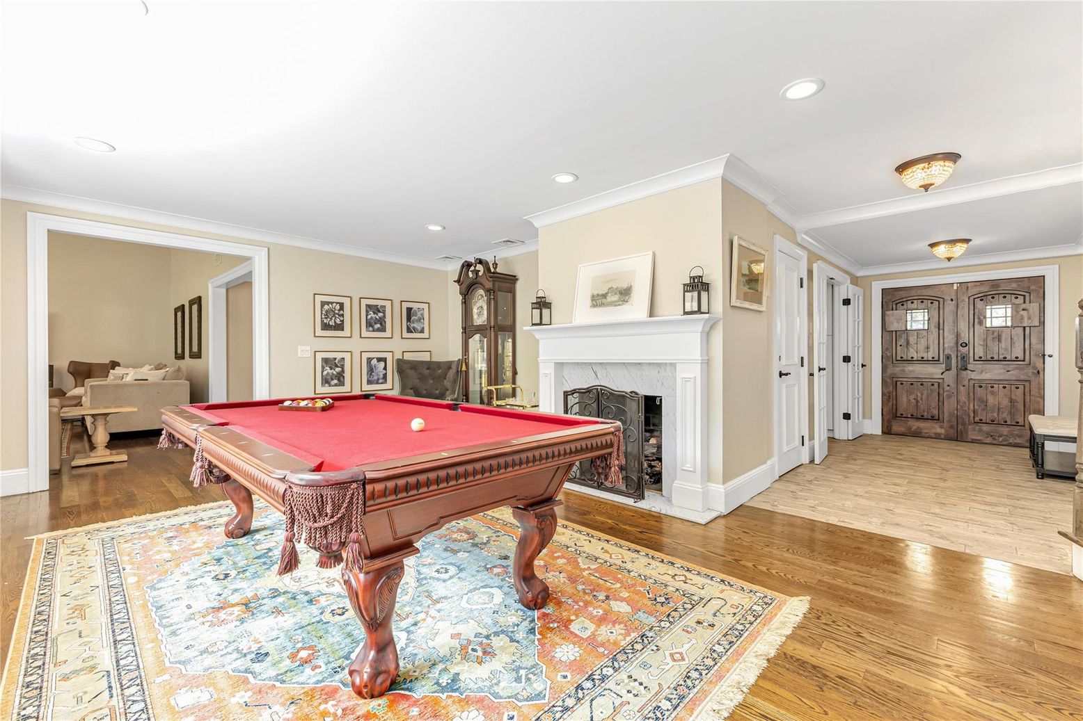 Billiard Table, Fireplace, Game Room, Interior, Recessed Lighting, Wood Texture Flooring