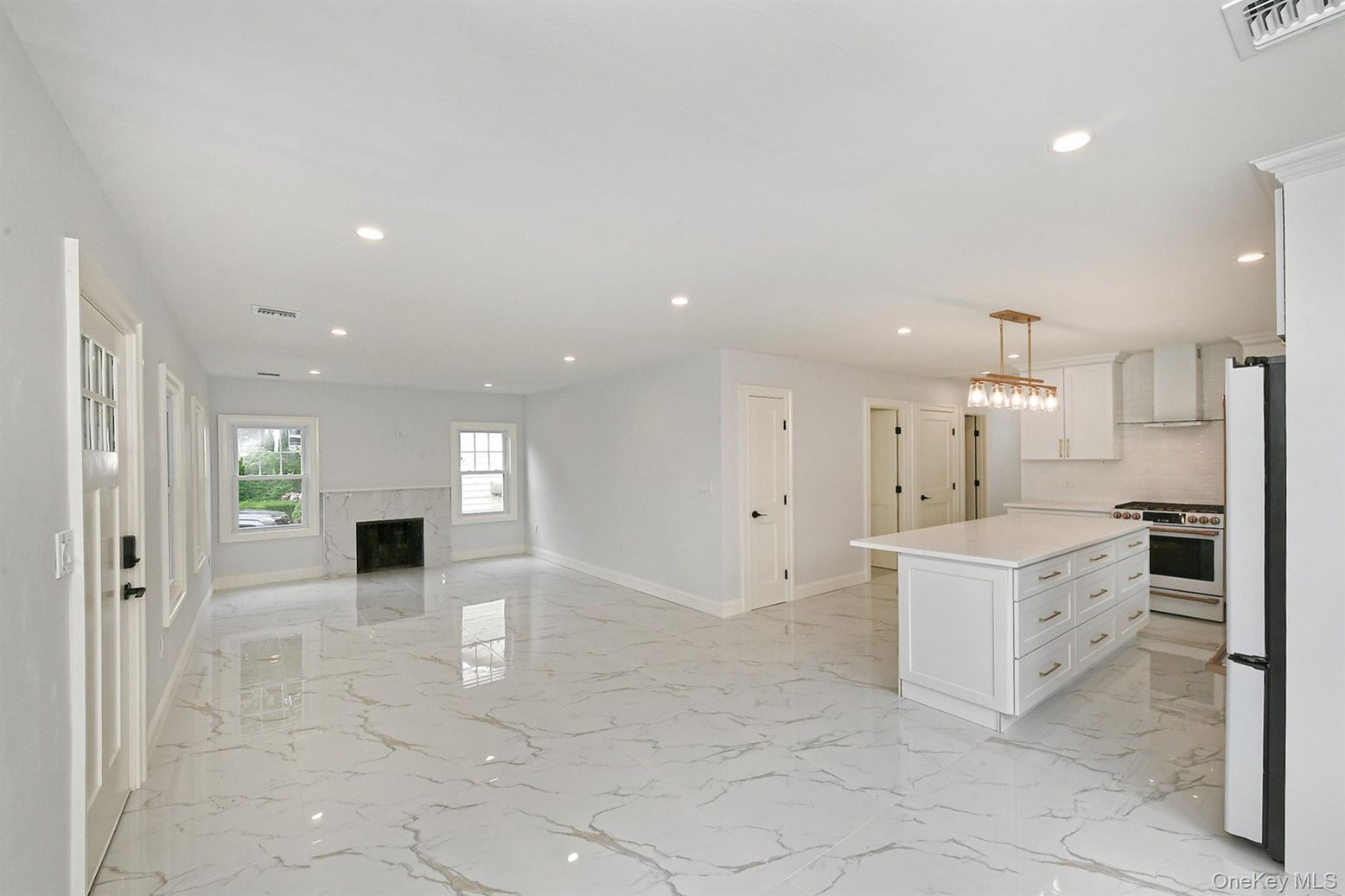 Chandelier, Empty room, Fireplace, Interior, Kitchen, Marble, Pendant Lights, Recessed Lighting