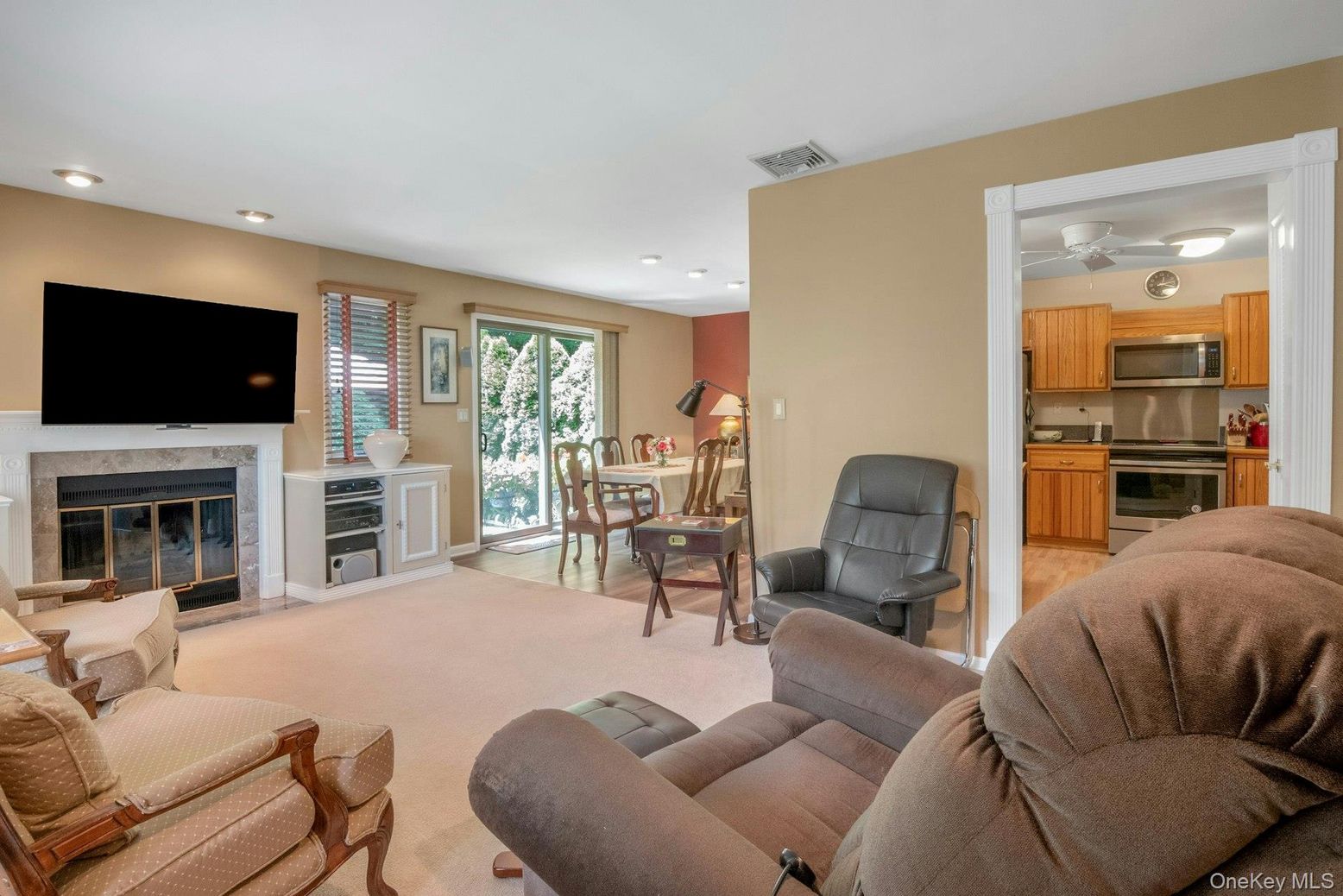 Dining room, Fireplace, Interior, Kitchen, Living room, Recessed Lighting, Stainless Steel Appliances
