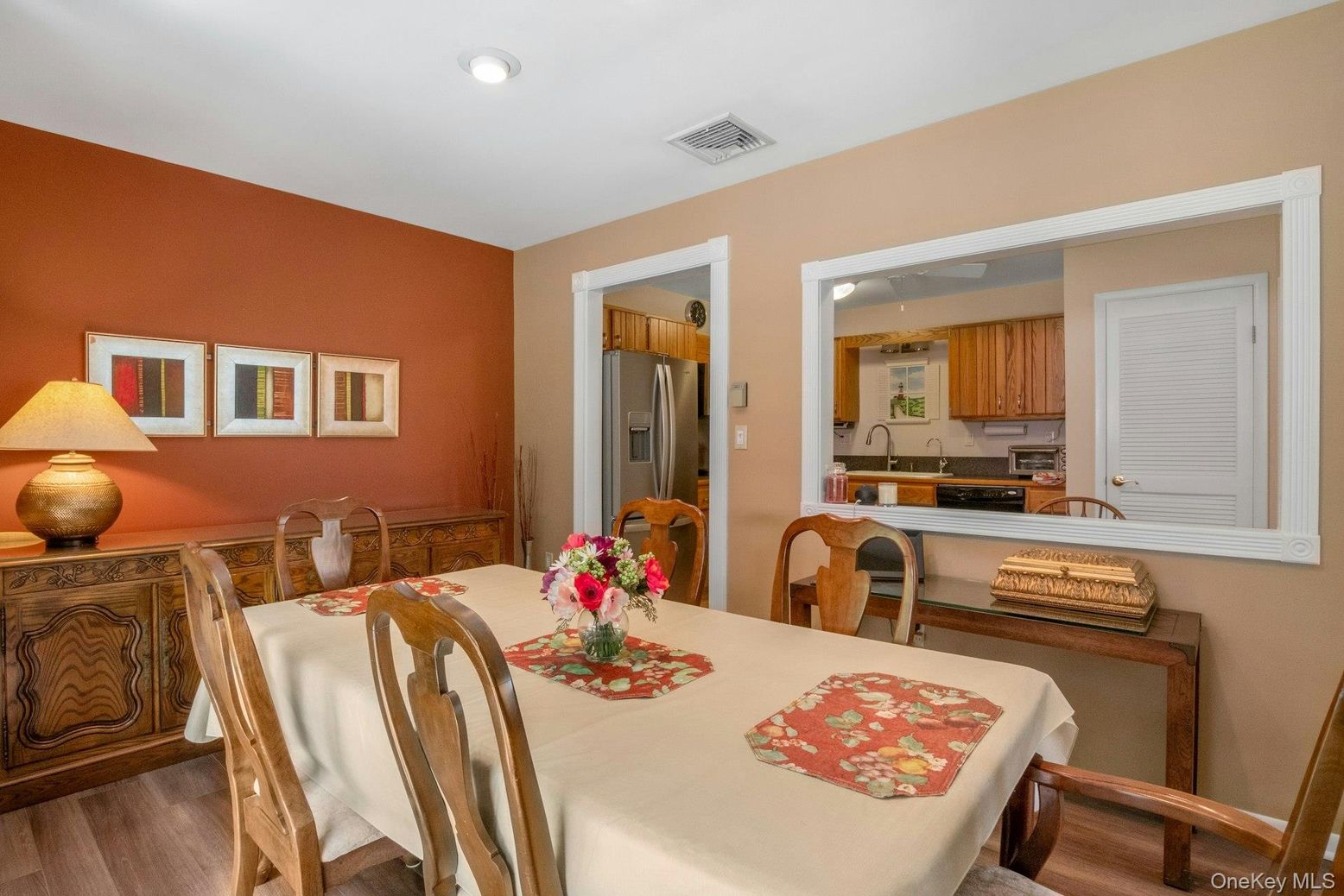 Dining room, Interior, Kitchen, Recessed Lighting, Stainless Steel Appliances, Wood Texture Flooring