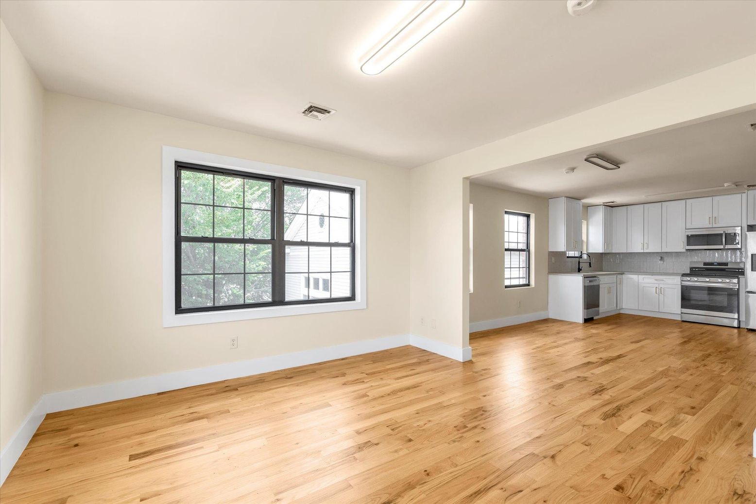 Empty room, Interior, Kitchen, Stainless Steel Appliances, Wood Texture Flooring