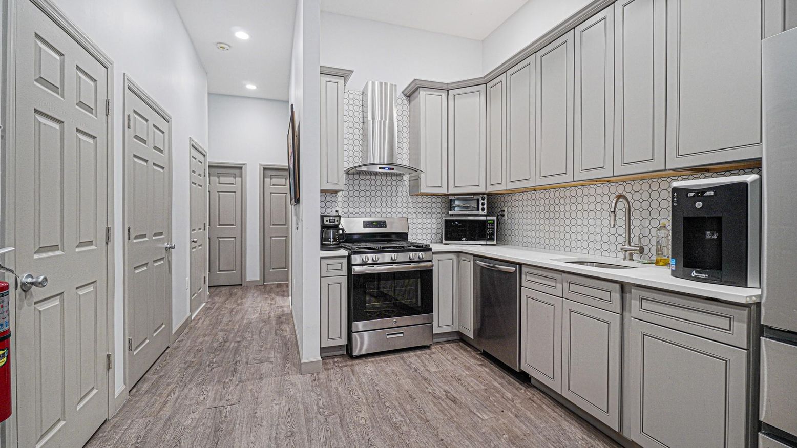 Interior, Kitchen, Recessed Lighting, Stainless Steel Appliances, Wood Texture Flooring