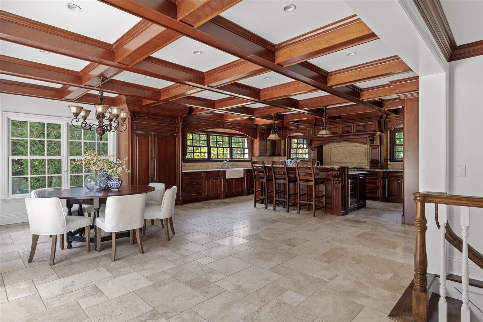 Chandelier, Dining room, Interior, Kitchen, Recessed Lighting, Wooden Beams