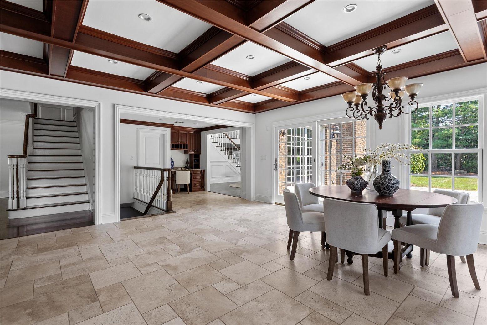 Chandelier, Dining room, Interior, Recessed Lighting, Wooden Beams