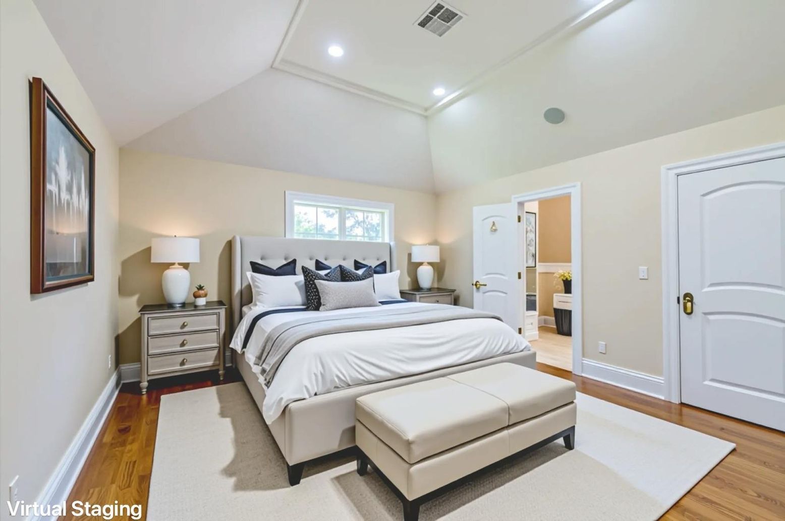 Bedroom, Interior, Recessed Lighting, Wood Texture Flooring