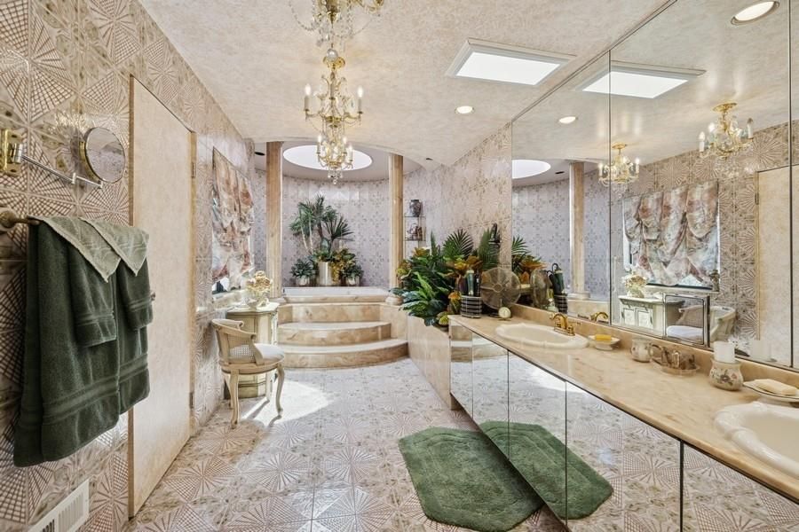 Bathroom, Chandelier, Dual Sink Vanities, Interior, Recessed Lighting