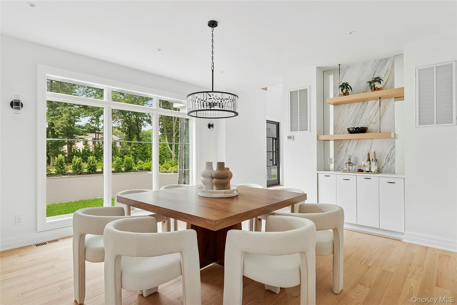 Dining room, Interior, Pendant Lights, Recessed Lighting, Wood Texture Flooring