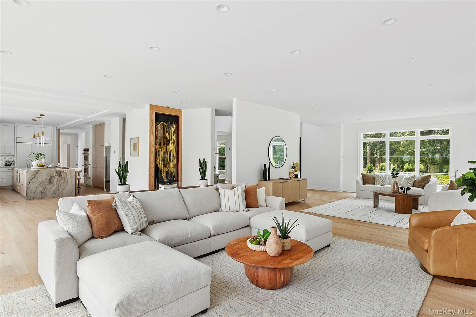 Interior, Kitchen, Living room, Marble Walls, Pendant Lights, Recessed Lighting, Wood Texture Flooring