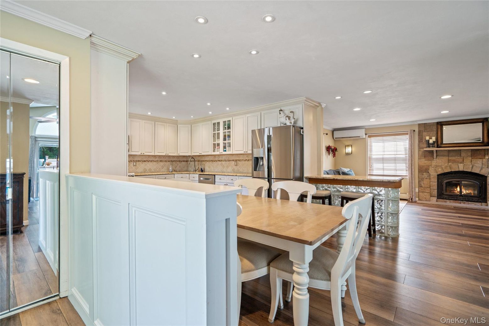 Dining room, Fireplace, Interior, Kitchen, Pendant Lights, Recessed Lighting, Stone Walls, Wood Texture Flooring