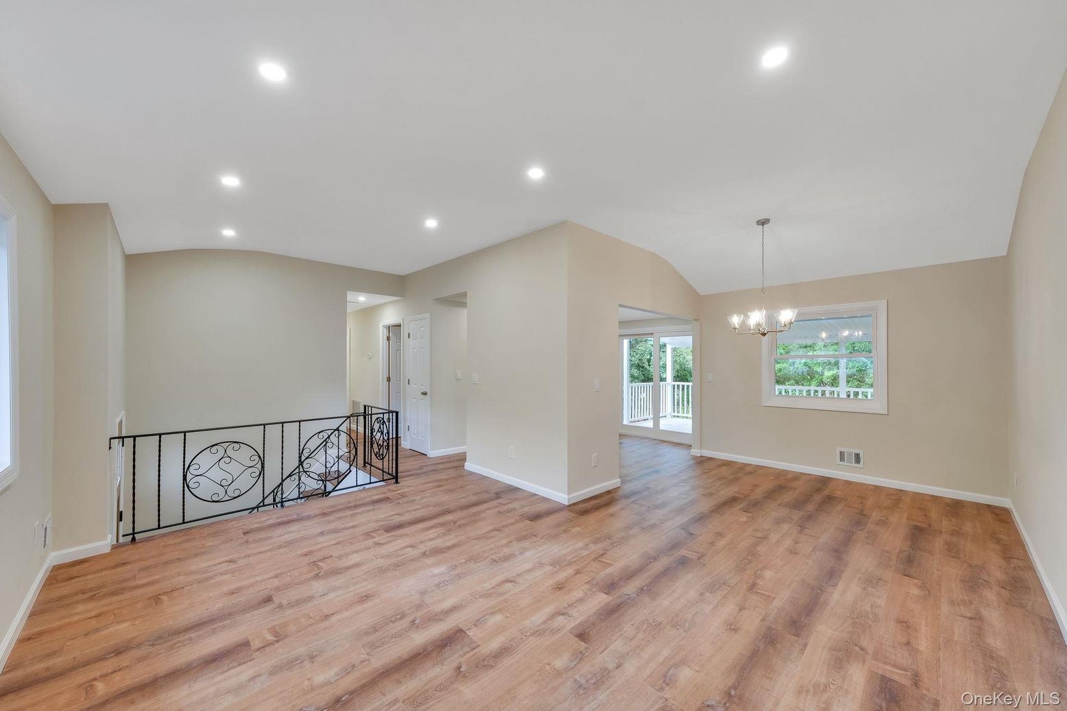 Chandelier, Empty room, Interior, Recessed Lighting, Wood Texture Flooring