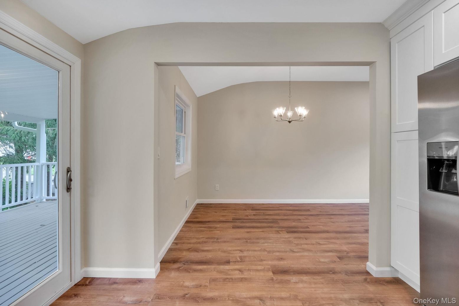 Chandelier, Empty room, Interior, Pendant Lights, Stainless Steel Appliances, Wood Texture Flooring