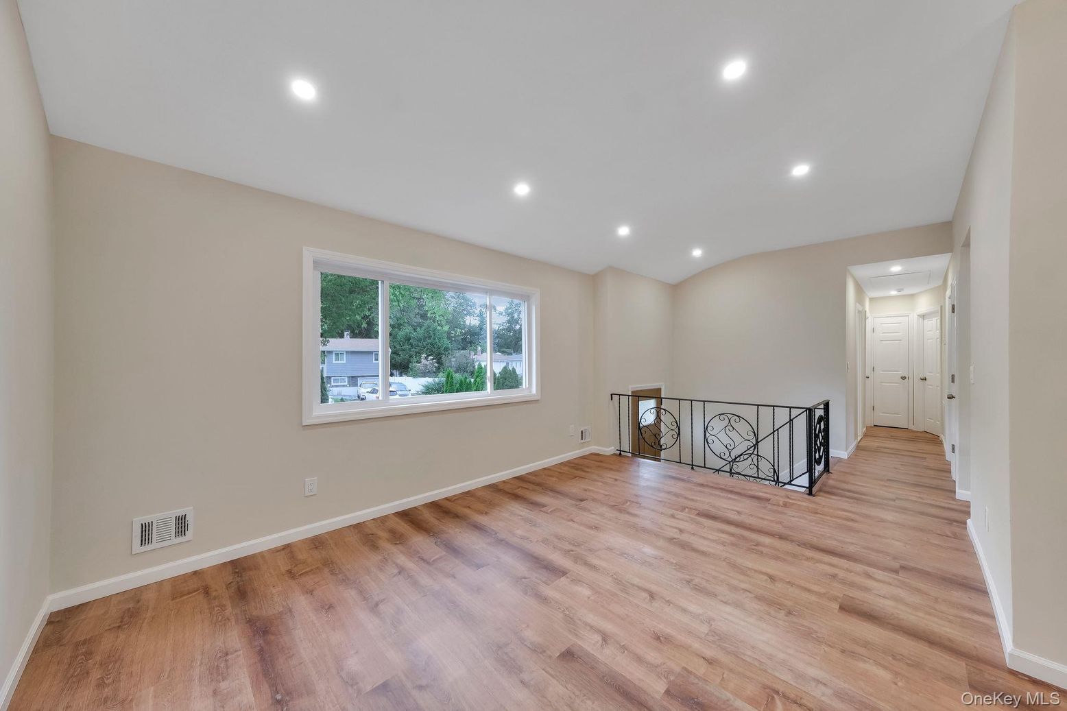 Empty room, Fireplace, Interior, Recessed Lighting, Wood Texture Flooring