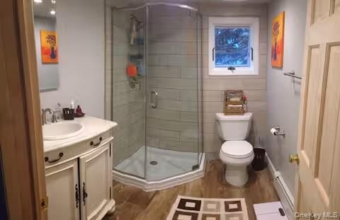 Bathroom, Glass Shower, Interior, Recessed Lighting, Wood Texture Flooring
