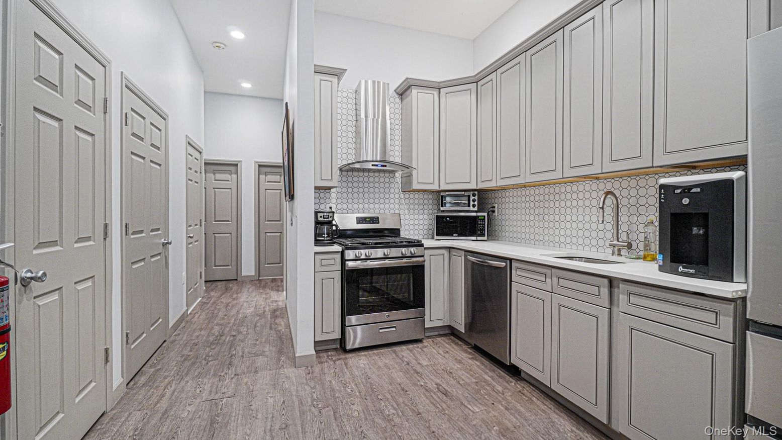 Interior, Kitchen, Recessed Lighting, Stainless Steel Appliances, Wood Texture Flooring