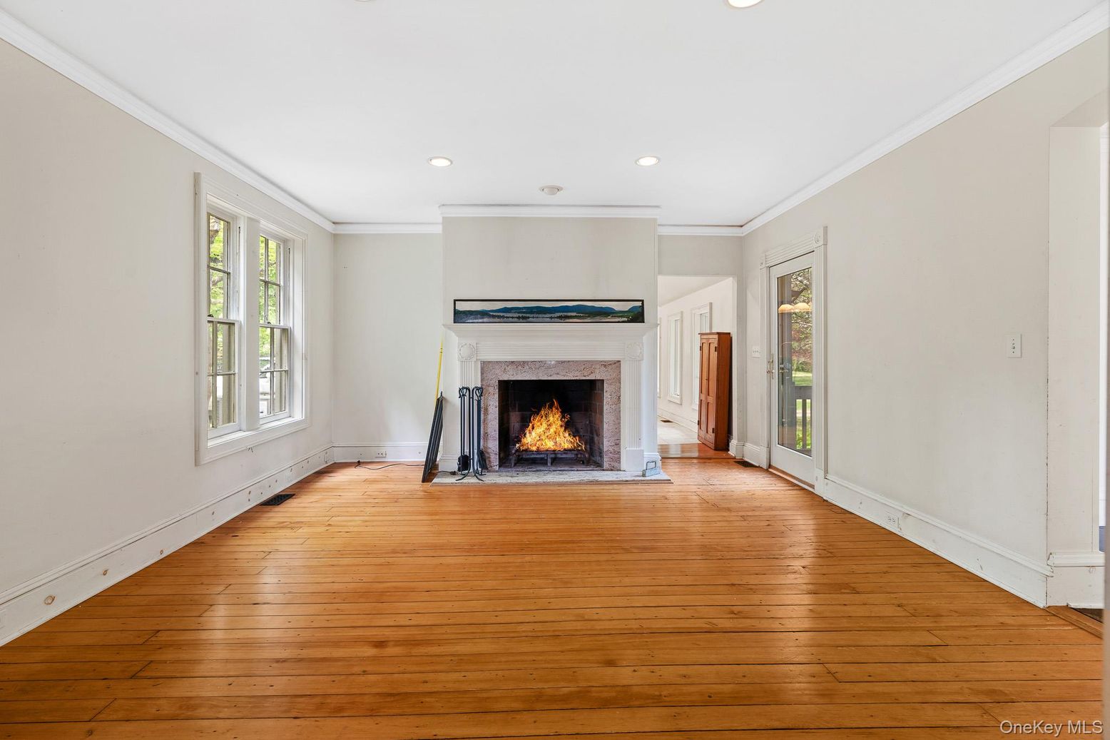 Empty room, Fireplace, Interior, Recessed Lighting, Wood Texture Flooring