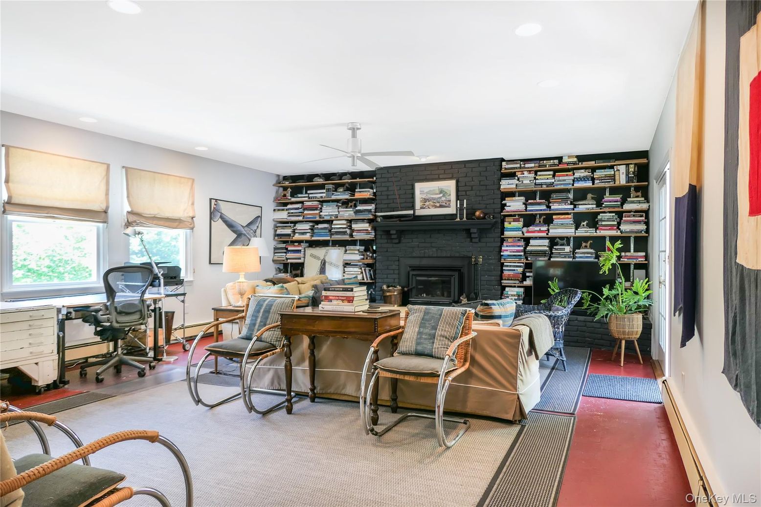 Fireplace, Home Office, Interior, Recessed Lighting, Stone Walls